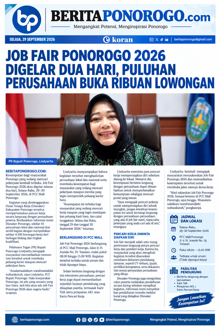 Job Fair Ponorogo 2026 Digelar, Puluhan Perusahaan Buka Ribuan Lowongan